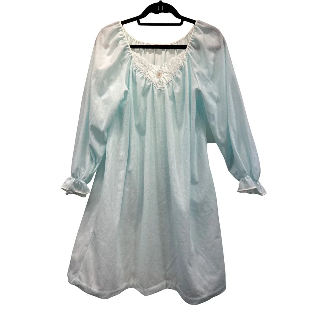 Miss Elaine Nightgown Womens M Blue Lace Trim Ruffle LS Retro Feminine Vintage